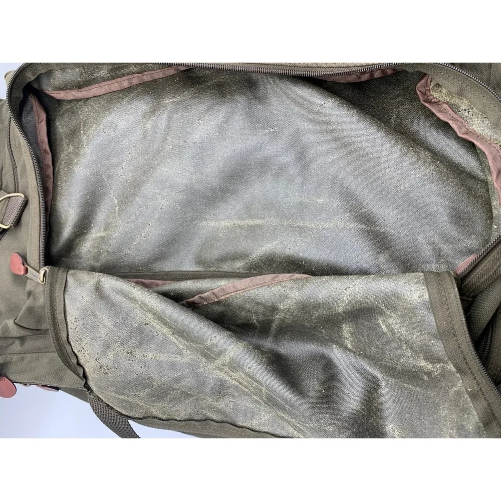 Vintage Cabela's Large Duffle Bag Olive Green Canvas Leather Trim Hunting Travel
